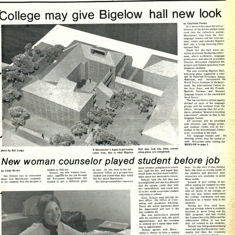 Articles on plan to update Bigelow Hall and new counselor Jan Dolejsi